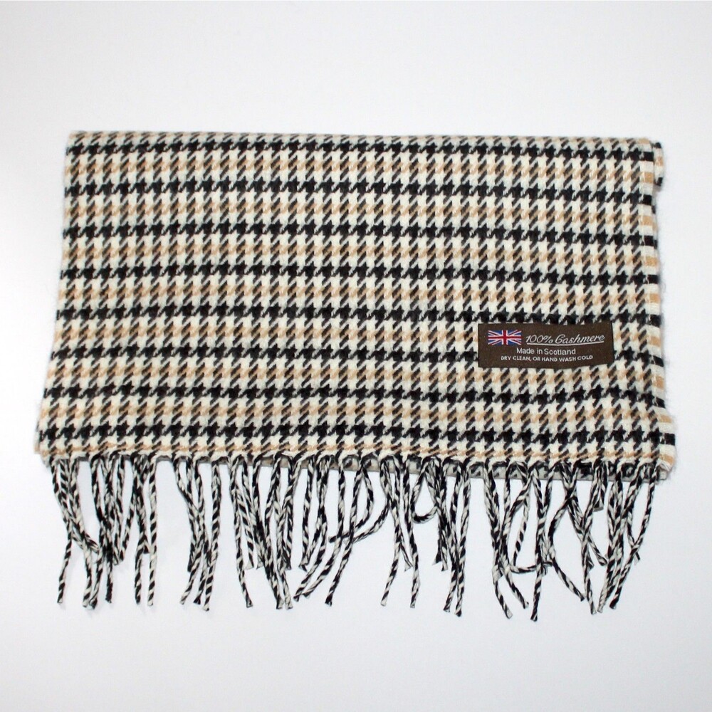 Scarf 100% Cashmere Made in Scotland houndstooth white black cream